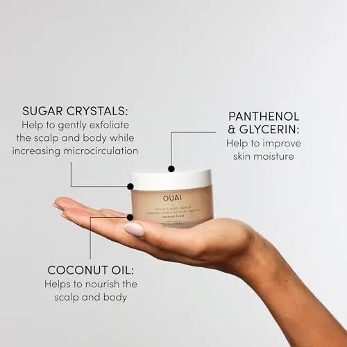 OUAI Scalp & Body Scrub Travel Size, Melrose Place - Exfoliating Body Scrub with Sugar & Coconut Oil Blend for Smooth, Moisturized Skin - Gentle for Removing Product Build Up (3.4 Oz) Avelisse
