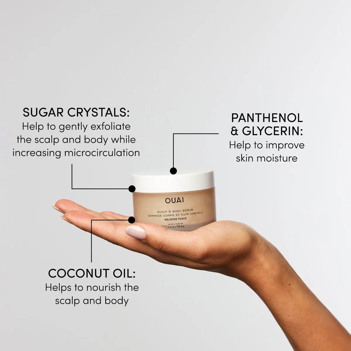 OUAI Scalp & Body Scrub Travel Size, Melrose Place - Exfoliating Body Scrub with Sugar & Coconut Oil Blend for Smooth, Moisturized Skin - Gentle for Removing Product Build Up (3.4 Oz) Avelisse