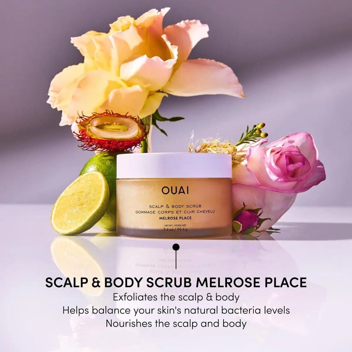 OUAI Scalp & Body Scrub Travel Size, Melrose Place - Exfoliating Body Scrub with Sugar & Coconut Oil Blend for Smooth, Moisturized Skin - Gentle for Removing Product Build Up (3.4 Oz) Avelisse