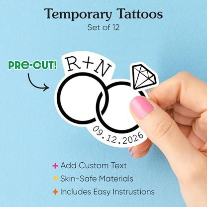 Personalized Wedding Rings Temporary Tattoos - Custom Couple's Initials & Wedding Date - Set of 12 - Big Dot of Happiness