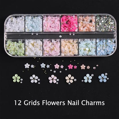 12 Grids Flowers Nail Charms 3D Resin Colorful Petals Charms for Acrylic Nails Gold White Pearls Flatback Rhinestones Nail Art Charms Spring Summer Supplies for Women Nail Decorations Crafts