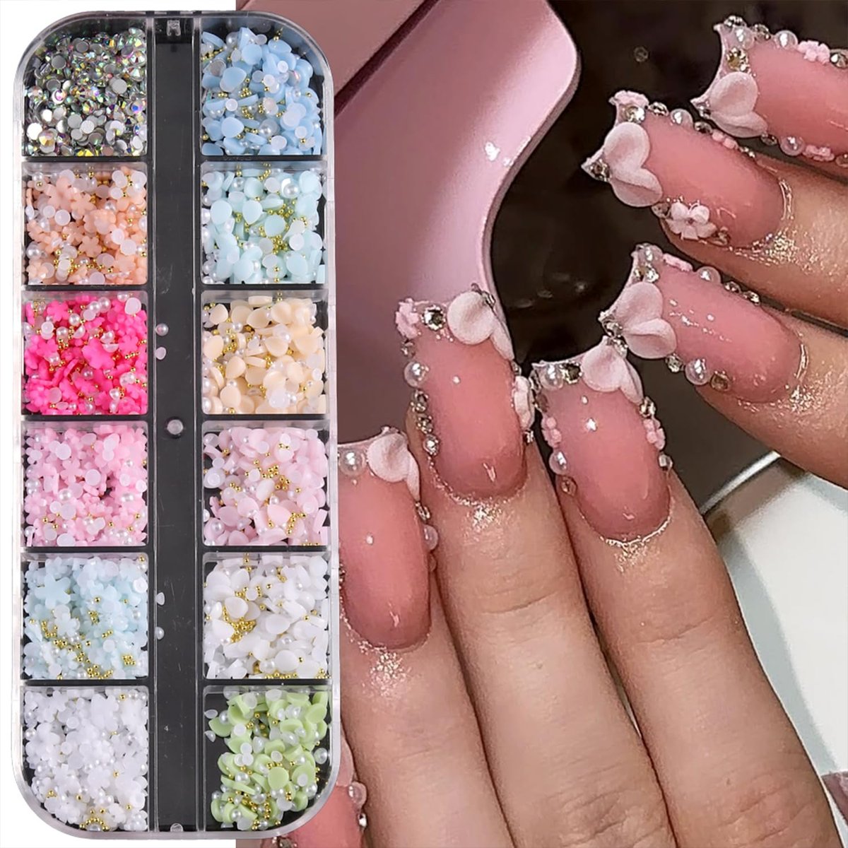 12 Grids Flowers Nail Charms 3D Resin Colorful Petals Charms for Acrylic Nails Gold White Pearls Flatback Rhinestones Nail Art Charms Spring Summer Supplies for Women Nail Decorations Crafts - görsel 3