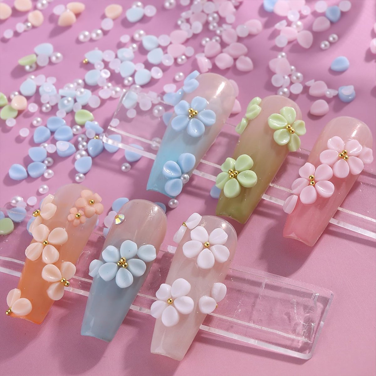 12 Grids Flowers Nail Charms 3D Resin Colorful Petals Charms for Acrylic Nails Gold White Pearls Flatback Rhinestones Nail Art Charms Spring Summer Supplies for Women Nail Decorations Crafts - görsel 5