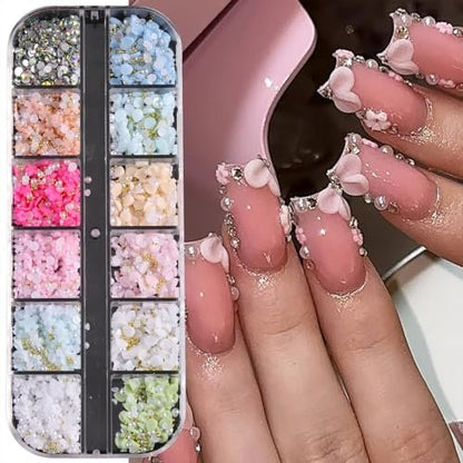 12 Grids Flowers Nail Charms 3D Resin Colorful Petals Charms for Acrylic Nails Gold White Pearls Flatback Rhinestones Nail Art Charms Spring Summer Supplies for Women Nail Decorations Crafts