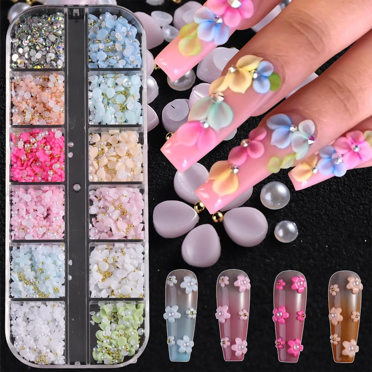 12 Grids Flowers Nail Charms 3D Resin Colorful Petals Charms for Acrylic Nails Gold White Pearls Flatback Rhinestones Nail Art Charms Spring Summer Supplies for Women Nail Decorations Crafts - görsel 1