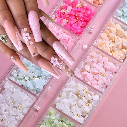 12 Grids Flowers Nail Charms 3D Resin Colorful Petals Charms for Acrylic Nails Gold White Pearls Flatback Rhinestones Nail Art Charms Spring Summer Supplies for Women Nail Decorations Crafts - görsel 8