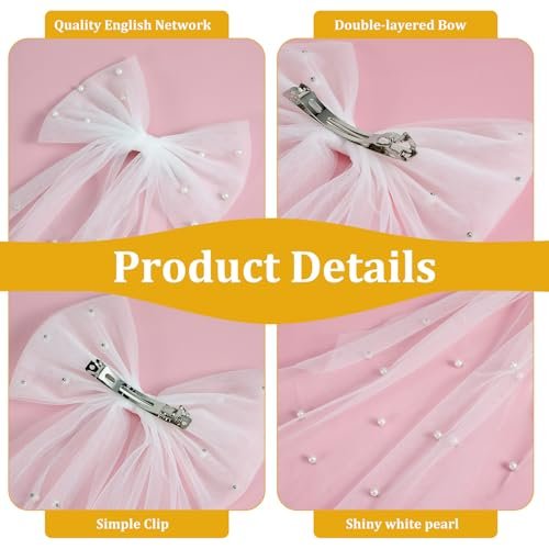 Elegant White Hair Bow with Short Veil for Brides – Large Pearl Bow Hair Pin with Barrette - görsel 6