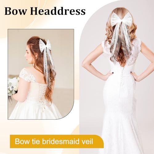 Elegant White Hair Bow with Short Veil for Brides – Large Pearl Bow Hair Pin with Barrette - görsel 8