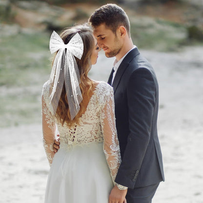 Elegant White Hair Bow with Short Veil for Brides – Large Pearl Bow Hair Pin with Barrette