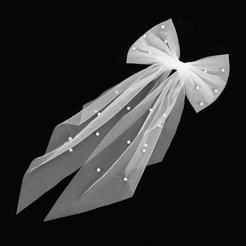 Elegant White Hair Bow with Short Veil for Brides – Large Pearl Bow Hair Pin with Barrette - görsel 2