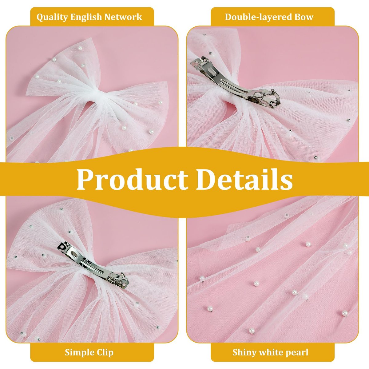 Elegant White Hair Bow with Short Veil for Brides – Large Pearl Bow Hair Pin with Barrette - görsel 5