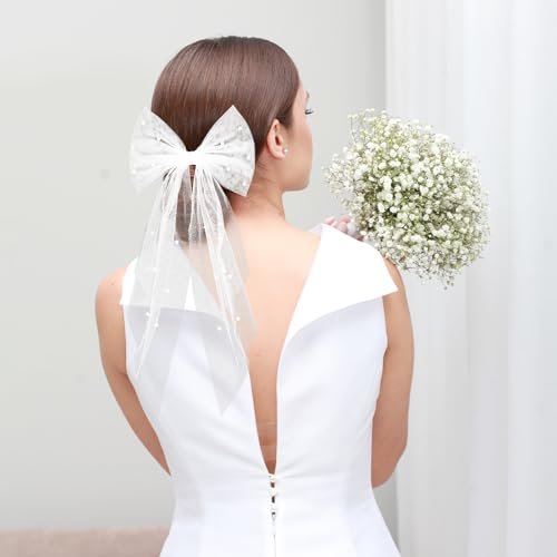 Elegant White Hair Bow with Short Veil for Brides – Large Pearl Bow Hair Pin with Barrette - görsel 10