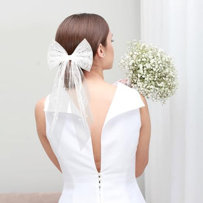 Elegant White Hair Bow with Short Veil for Brides – Large Pearl Bow Hair Pin with Barrette
