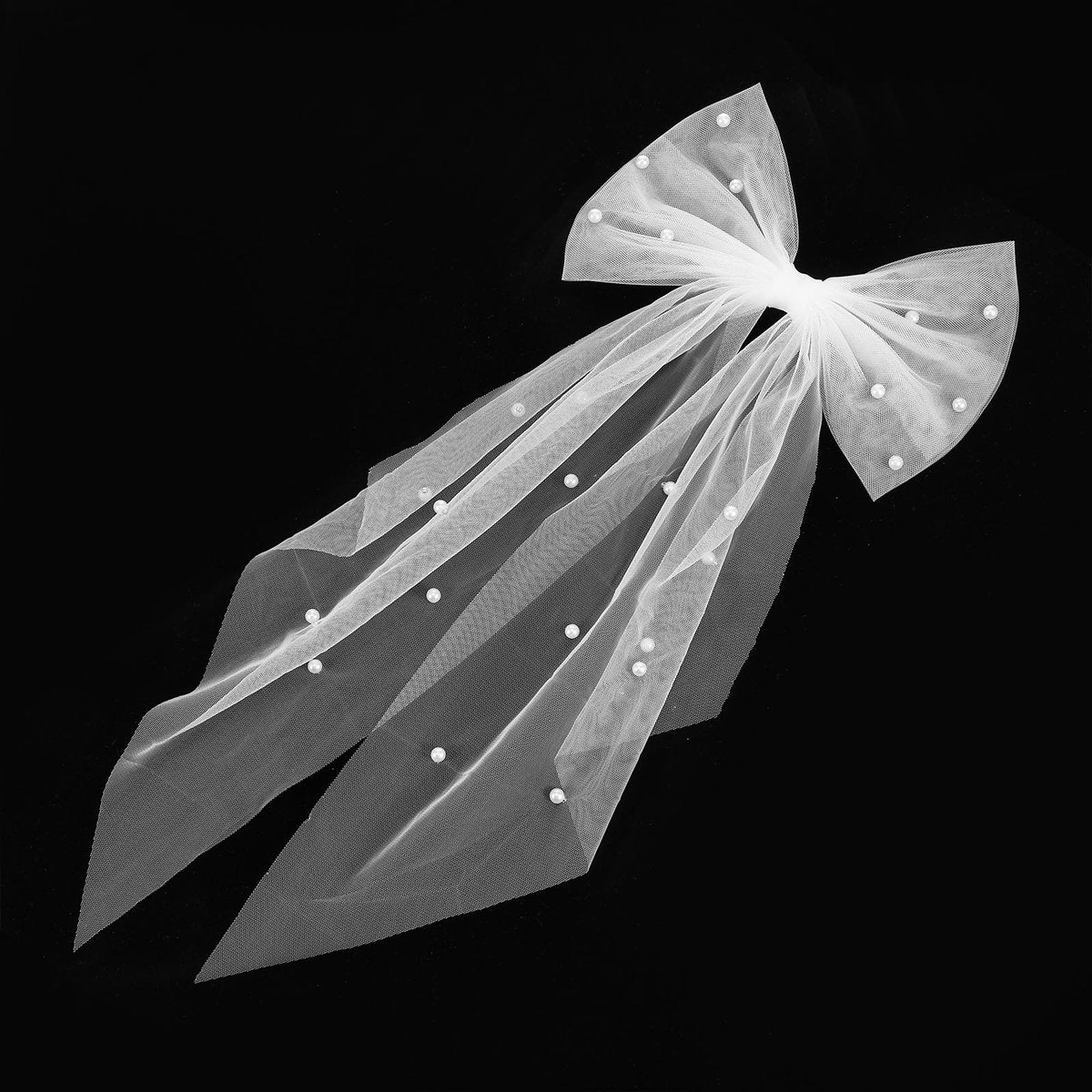 Elegant White Hair Bow with Short Veil for Brides – Large Pearl Bow Hair Pin with Barrette - görsel 1
