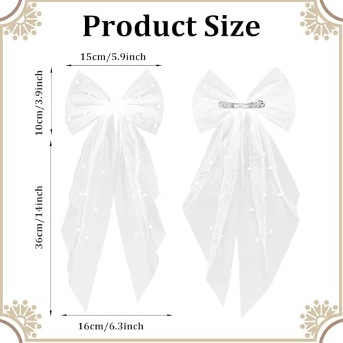 Elegant White Hair Bow with Short Veil for Brides – Large Pearl Bow Hair Pin with Barrette - görsel 4