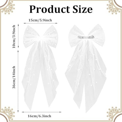 Elegant White Hair Bow with Short Veil for Brides – Large Pearl Bow Hair Pin with Barrette