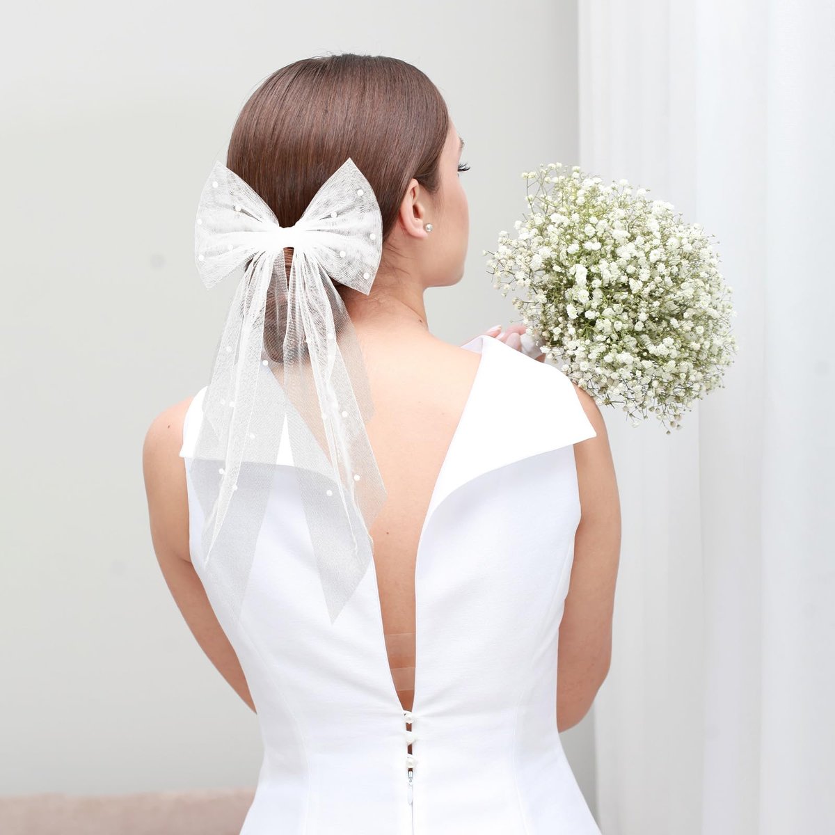 Elegant White Hair Bow with Short Veil for Brides – Large Pearl Bow Hair Pin with Barrette - görsel 9