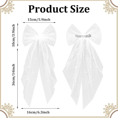 Elegant White Hair Bow with Short Veil for Brides – Large Pearl Bow Hair Pin with Barrette