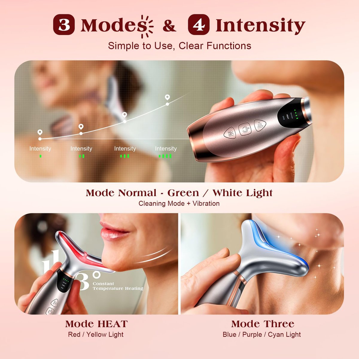 Pedete Facial Massager: 7-Color Red Light Therapy with Heat & Vibration for Face and Neck Avelisse