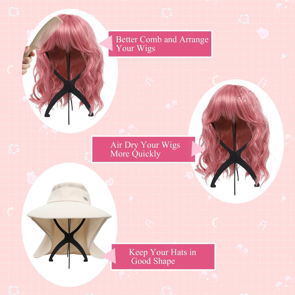 Seewaazee 2 Pack Wig Stand – Portable Wig Holder for Styling and Storage, Black Tripod Wig Head Stand for Multiple Wigs - görsel 11