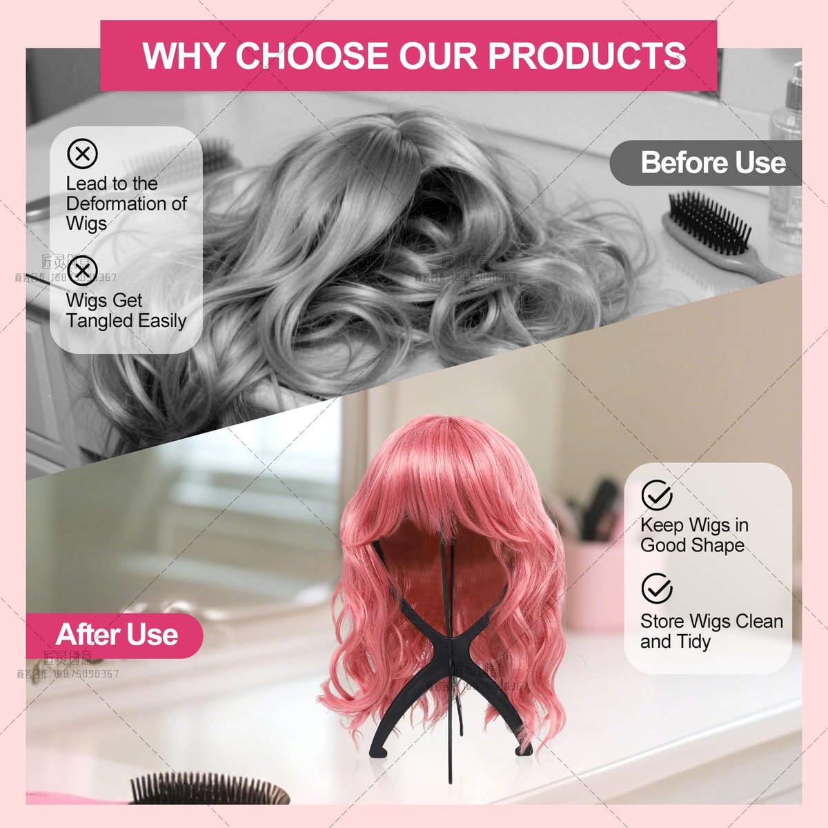 Seewaazee 2 Pack Wig Stand – Portable Wig Holder for Styling and Storage, Black Tripod Wig Head Stand for Multiple Wigs - görsel 5