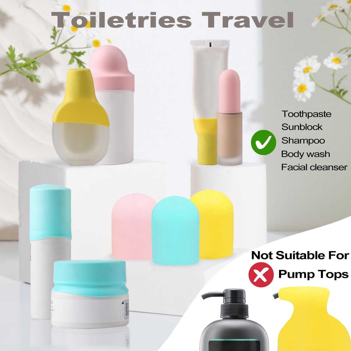 9 Pack Silicone Bottle Covers for Traveling - Leak Proof Airplane Travel Essentials for Women, Beach Vacation and Cruise Ship Accessories - görsel 5
