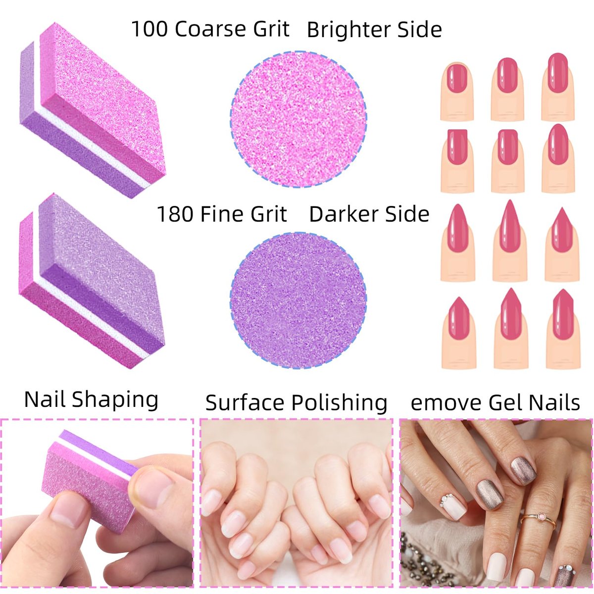 50 Pcs Sponge Nail Buffers 100/180 Grit Mini Nail Files - Double-Sided Buffing Blocks for Acrylic & Natural Nails, Manicure & Pedicure, Salon & Home Use (Pink-Purple) - görsel 7