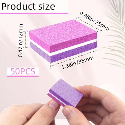 50 Pcs Sponge Nail Buffers 100/180 Grit Mini Nail Files - Double-Sided Buffing Blocks for Acrylic & Natural Nails, Manicure & Pedicure, Salon & Home Use (Pink-Purple)