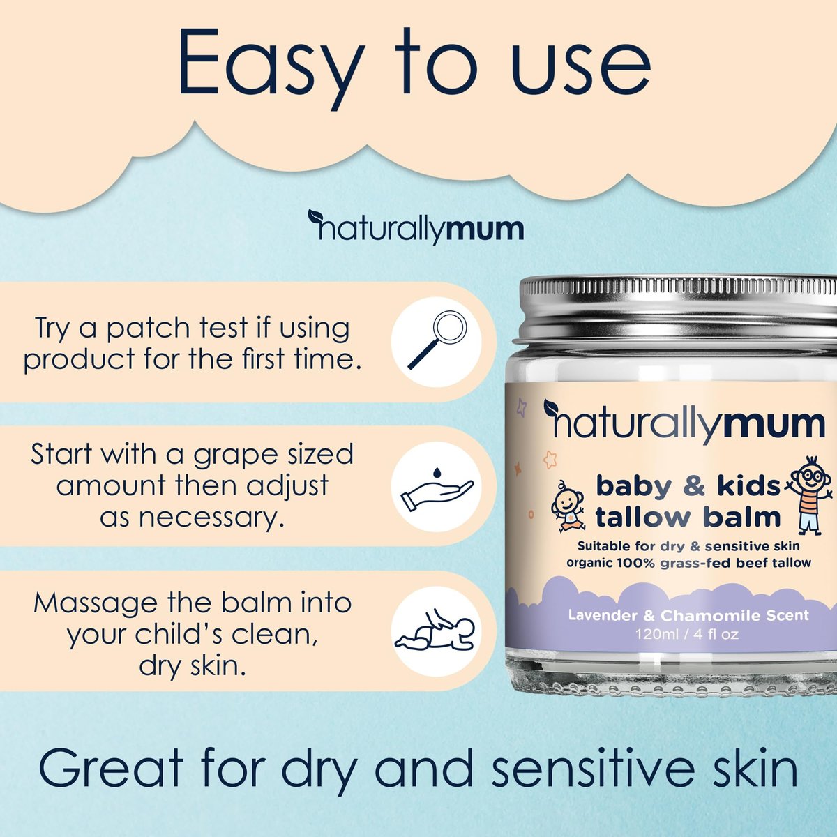 NaturallyMum Baby & Kids Tallow Balm - All-Natural Organic Grass Fed Beef Tallow Moisturizing Cream for Dry & Sensitive Skin - 4.2 fl oz Avelisse