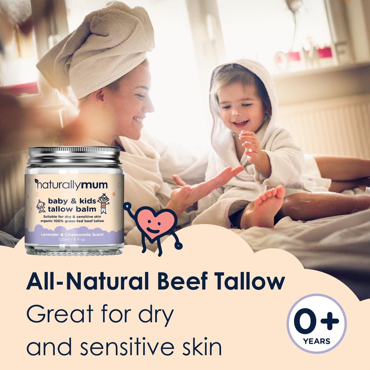 NaturallyMum Baby & Kids Tallow Balm - All-Natural Organic Grass Fed Beef Tallow Moisturizing Cream for Dry & Sensitive Skin - 4.2 fl oz Avelisse