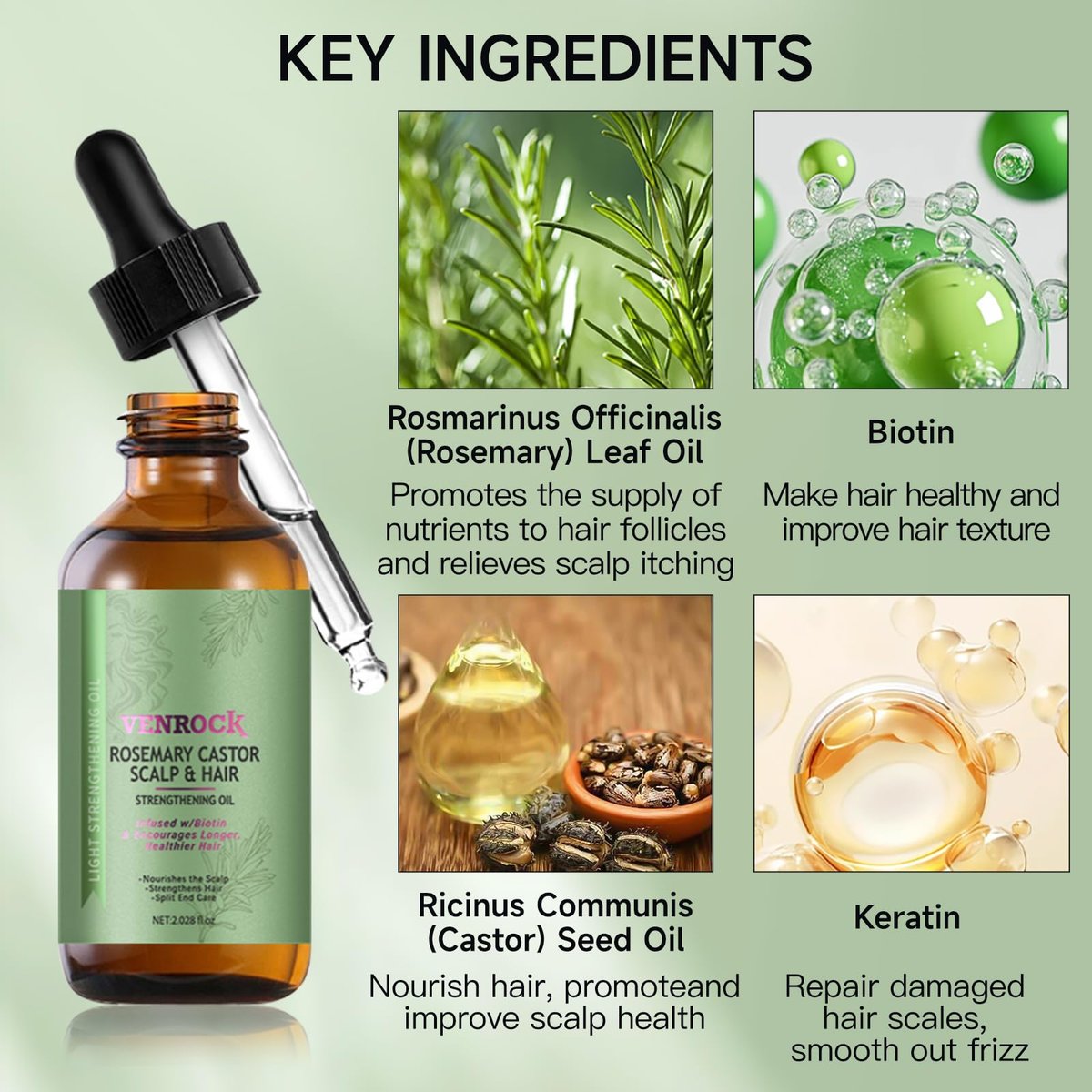 Venrock Rosemary Castor Hair Oil - Biotin Infused Scalp & Hair Strengthening Oil for Nourishing Scalp, Repairing Split Ends & Encouraging Longer, Healthier Hair | Lightweight Daily Hair Care - görsel 5