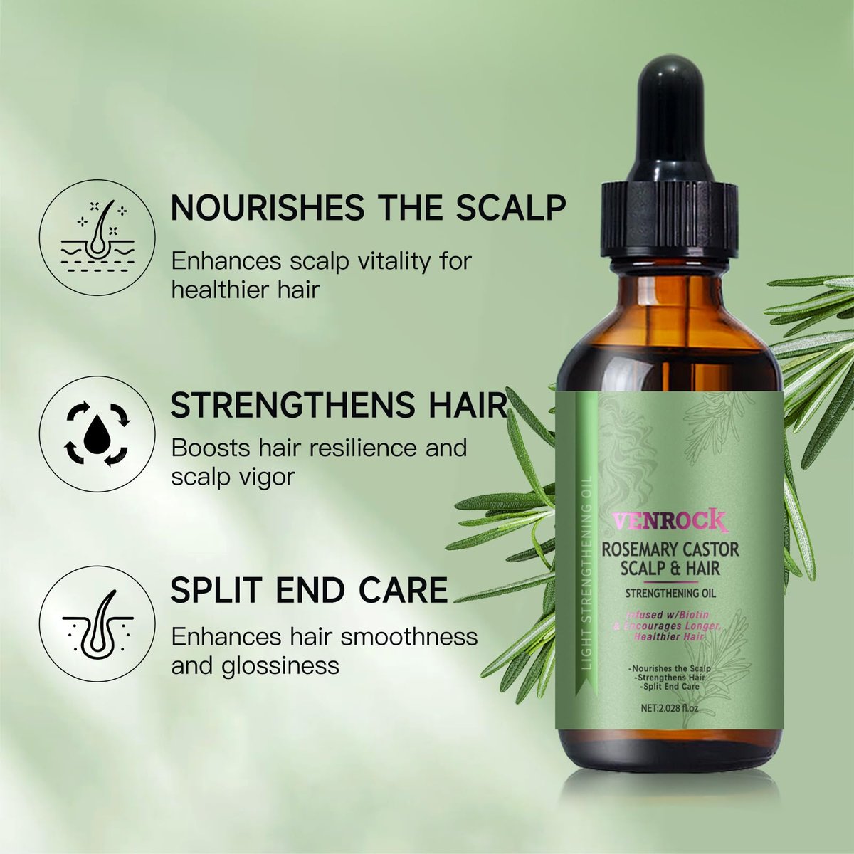 Venrock Rosemary Castor Hair Oil - Biotin Infused Scalp & Hair Strengthening Oil for Nourishing Scalp, Repairing Split Ends & Encouraging Longer, Healthier Hair | Lightweight Daily Hair Care - görsel 9