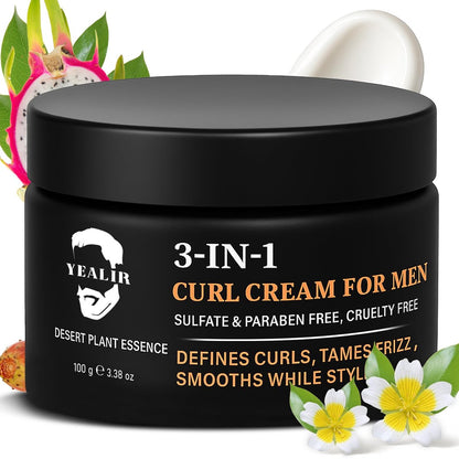 3-in-1 Curl Cream for Men – Defines Curls, Tames Frizz, Smooths & Texturizes Wavy Hair | Sulfate-Free | 3.38 oz
