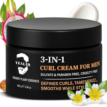 3-in-1 Curl Cream for Men – Defines Curls, Tames Frizz, Smooths & Texturizes Wavy Hair | Sulfate-Free | 3.38 oz