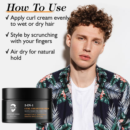 3-in-1 Curl Cream for Men – Defines Curls, Tames Frizz, Smooths & Texturizes Wavy Hair | Sulfate-Free | 3.38 oz
