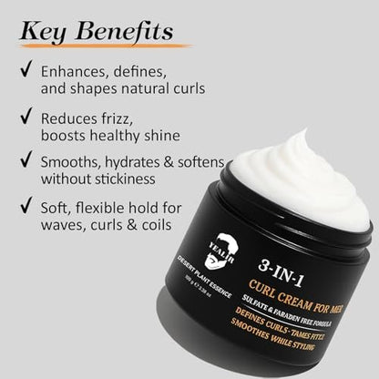 3-in-1 Curl Cream for Men – Defines Curls, Tames Frizz, Smooths & Texturizes Wavy Hair | Sulfate-Free | 3.38 oz