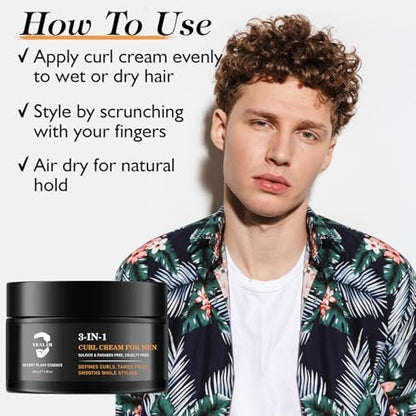 3-in-1 Curl Cream for Men – Defines Curls, Tames Frizz, Smooths & Texturizes Wavy Hair | Sulfate-Free | 3.38 oz