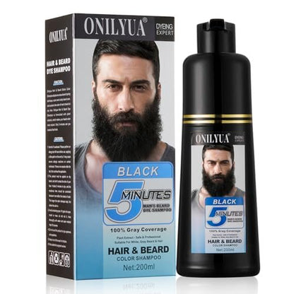 Men's Beard Dye for Men in 5 Minutes - Black Beard Dye Shampoo for Mustache 100% Gray Coverage, Root Touch Up, 3 in 1 Simpler Hair Color for Men, Long Lasting Color Shampoo for Facial Hair, 200 ml Avelisse