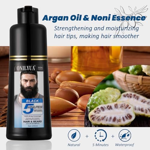 Men's Beard Dye for Men in 5 Minutes - Black Beard Dye Shampoo for Mustache 100% Gray Coverage, Root Touch Up, 3 in 1 Simpler Hair Color for Men, Long Lasting Color Shampoo for Facial Hair, 200 ml Avelisse