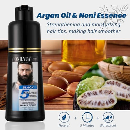 Men's Beard Dye for Men in 5 Minutes - Black Beard Dye Shampoo for Mustache 100% Gray Coverage, Root Touch Up, 3 in 1 Simpler Hair Color for Men, Long Lasting Color Shampoo for Facial Hair, 200 ml Avelisse