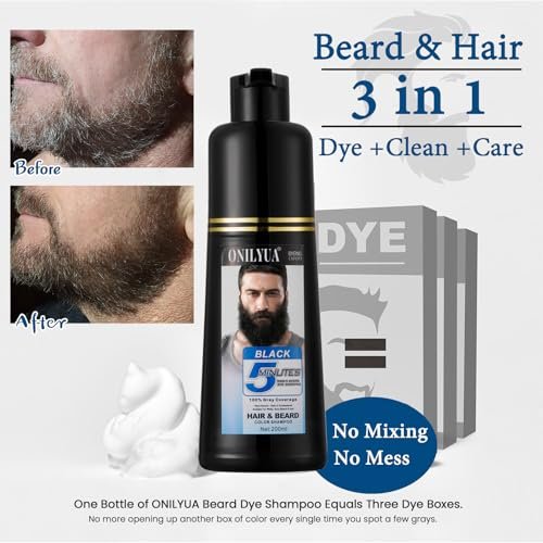 Men's Beard Dye for Men in 5 Minutes - Black Beard Dye Shampoo for Mustache 100% Gray Coverage, Root Touch Up, 3 in 1 Simpler Hair Color for Men, Long Lasting Color Shampoo for Facial Hair, 200 ml Avelisse
