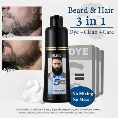 Men's Beard Dye for Men in 5 Minutes - Black Beard Dye Shampoo for Mustache 100% Gray Coverage, Root Touch Up, 3 in 1 Simpler Hair Color for Men, Long Lasting Color Shampoo for Facial Hair, 200 ml Avelisse