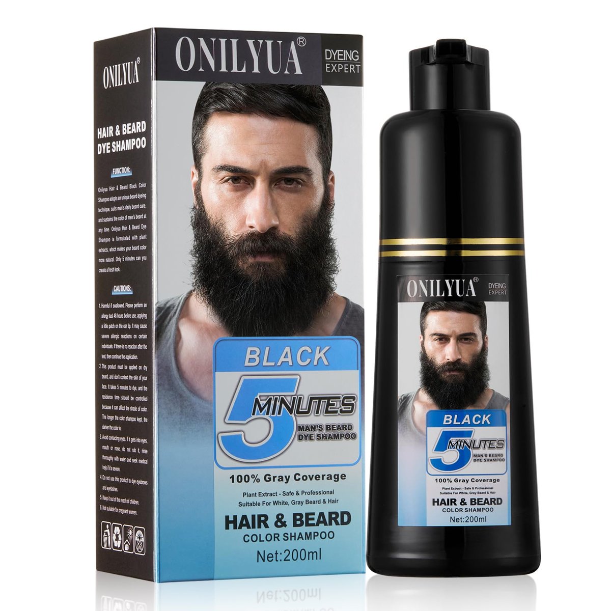 Men's Beard Dye for Men in 5 Minutes - Black Beard Dye Shampoo for Mustache 100% Gray Coverage, Root Touch Up, 3 in 1 Simpler Hair Color for Men, Long Lasting Color Shampoo for Facial Hair, 200 ml Avelisse