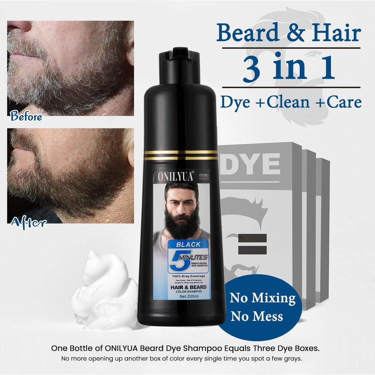 Men's Beard Dye for Men in 5 Minutes - Black Beard Dye Shampoo for Mustache 100% Gray Coverage, Root Touch Up, 3 in 1 Simpler Hair Color for Men, Long Lasting Color Shampoo for Facial Hair, 200 ml Avelisse