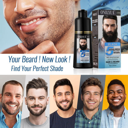 Men's Beard Dye for Men in 5 Minutes - Black Beard Dye Shampoo for Mustache 100% Gray Coverage, Root Touch Up, 3 in 1 Simpler Hair Color for Men, Long Lasting Color Shampoo for Facial Hair, 200 ml Avelisse