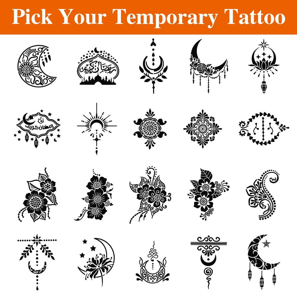 20 Sheets Temporary Tattoo Stencil Kit – Black Mehndi Templates for Kids, Teens & Adults | Body Paint & Real Tattoo Practice - görsel 8