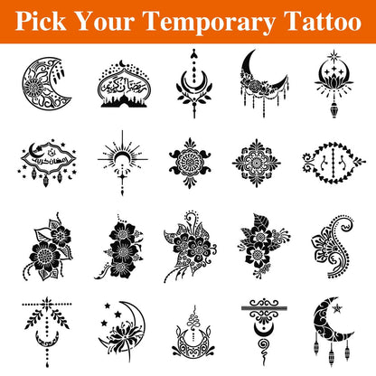 20 Sheets Temporary Tattoo Stencil Kit – Black Mehndi Templates for Kids, Teens & Adults | Body Paint & Real Tattoo Practice