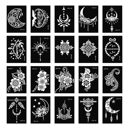20 Sheets Temporary Tattoo Stencil Kit – Black Mehndi Templates for Kids, Teens & Adults | Body Paint & Real Tattoo Practice