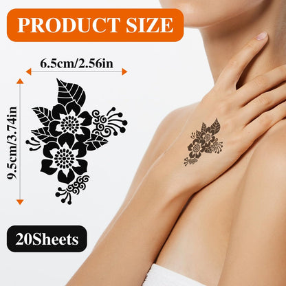 20 Sheets Temporary Tattoo Stencil Kit – Black Mehndi Templates for Kids, Teens & Adults | Body Paint & Real Tattoo Practice