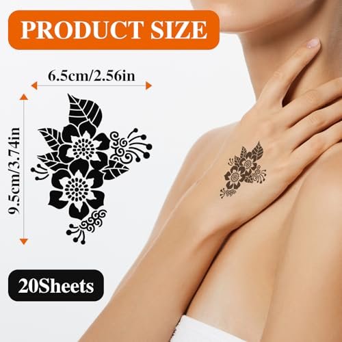 20 Sheets Temporary Tattoo Stencil Kit – Black Mehndi Templates for Kids, Teens & Adults | Body Paint & Real Tattoo Practice - görsel 5